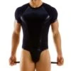 Modus Vivendi Latex Look Body 11282 – Black Sexy Menswear Bodysuit with Removable Straps