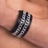Quriose Mencore BR01MEN Black Leather Bracelet with Silver Metal Chains