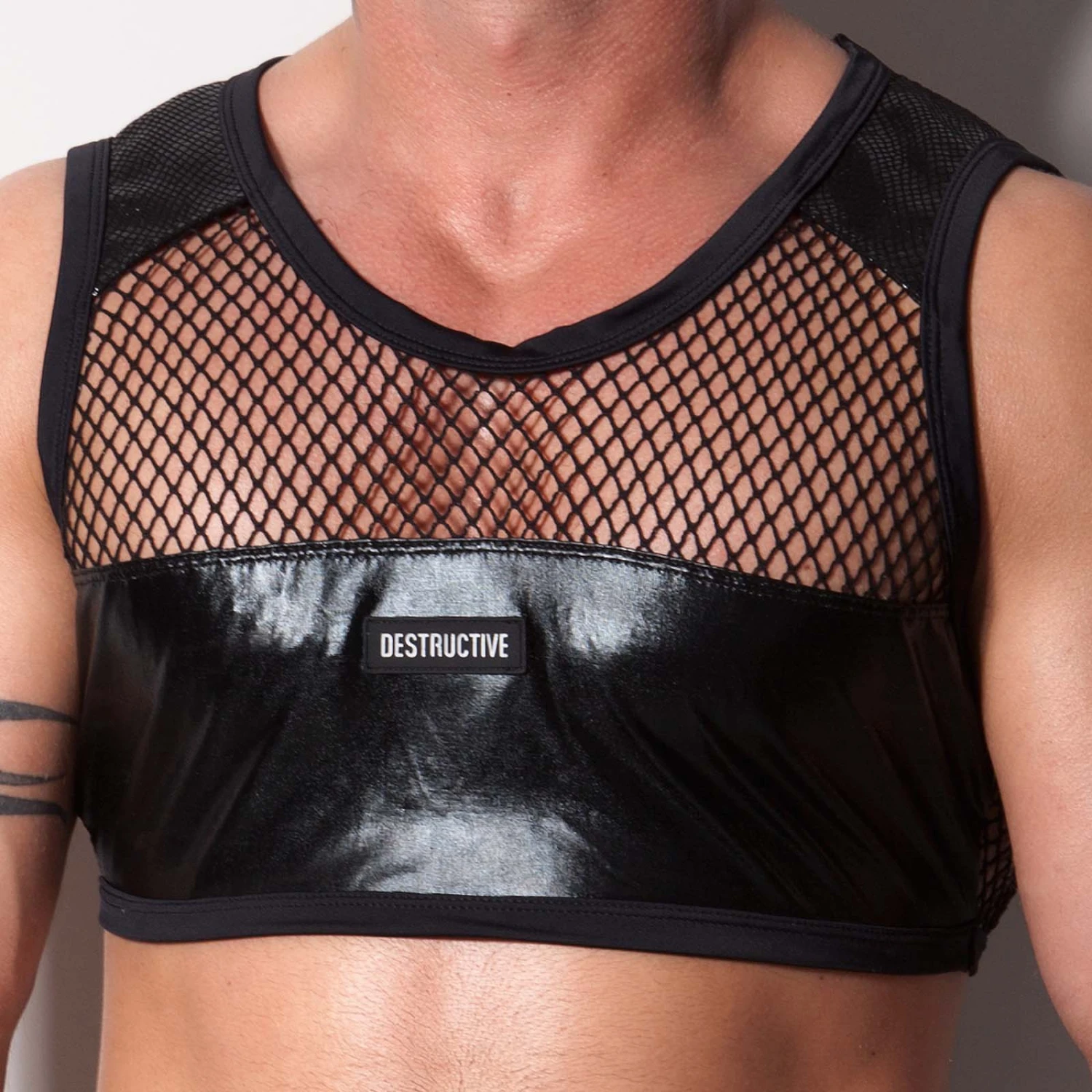 DESTRUCTIVE 1DCT01 Crop Top - Shiny Black with Mesh and Python Accents 1 DESTRUCTIVE 1DCT01 Crop Top - Shiny Black with Mesh and Python Accents