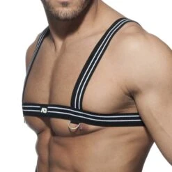 Addicted Stripes Navy and White – Metal Ring Silicone Logo Body Harness 5 Addicted Stripes Navy and White – Metal Ring Silicone Logo Body Harness -Men Attitude Boutique Harnais addicted AD676 blanc 4