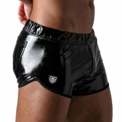 TOF PARIS Black Vinyl Low-Rise Slim Fit Shorts – Waxed Leather Look TOF185N -Men Attitude Boutique Short tof TOF185N noir 4