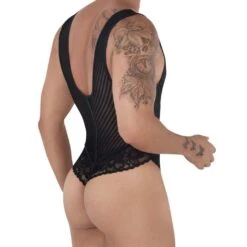 Candyman 99522 Black Floral Lace & Mesh Body – Ultra Sexy Deep V-Neck Thong Bodysuit -Men Attitude Boutique body candy 99522 noir 3