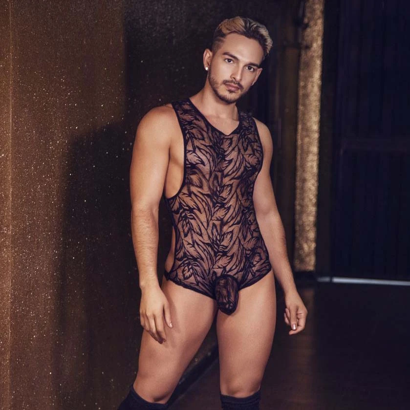 Candyman 99531 Men's Floral Lace Bodysuit – Sexy Jockstrap Back Round Neck 2 Candyman 99531 Men's Floral Lace Bodysuit – Sexy Jockstrap Back Round Neck – Image 2