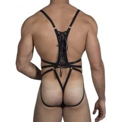 Candyman 99484 Men's Strappy Bodysuit – Transparent Microfiber with Corset Back -Men Attitude Boutique body candyman 99484 noir 3