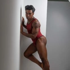 L'Homme Invisible Red Dahlia HW164DAH Lace Bodysuit – Sensual Men's Deep Red Lingerie -Men Attitude Boutique body hi hw164dah rouge a