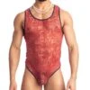 L'Homme Invisible Red Dahlia HW164DAH Lace Bodysuit – Sensual Men's Deep Red Lingerie