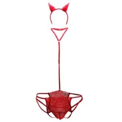 Candyman 99398 Red Lace Devil Costume – Sexy Jockstrap with Removable Neck Strap & Horns -Men Attitude Boutique costume candy 99398 rouge 9