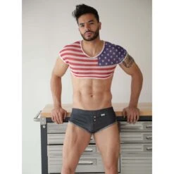 Candyman 99443 American Flag Crop Top & Faux Denim Boxer – Sexy Patriot Men’s Costume -Men Attitude Boutique costume candy 99443 noir a