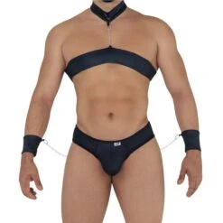Candyman 99592 Men's Harness and Thong Ensemble â Black Bondage Set with Chains and Cuffs