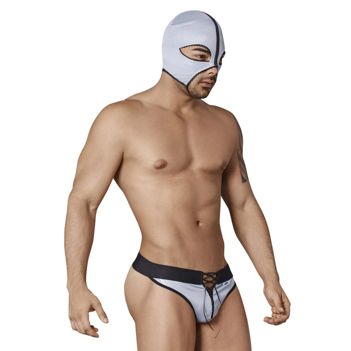 Candyman 99351 - Costume de Catcheur Argent avec Masque et String Sexy à Lacets 4 Candyman 99351 - Costume de Catcheur Argent avec Masque et String Sexy à Lacets – Image 4