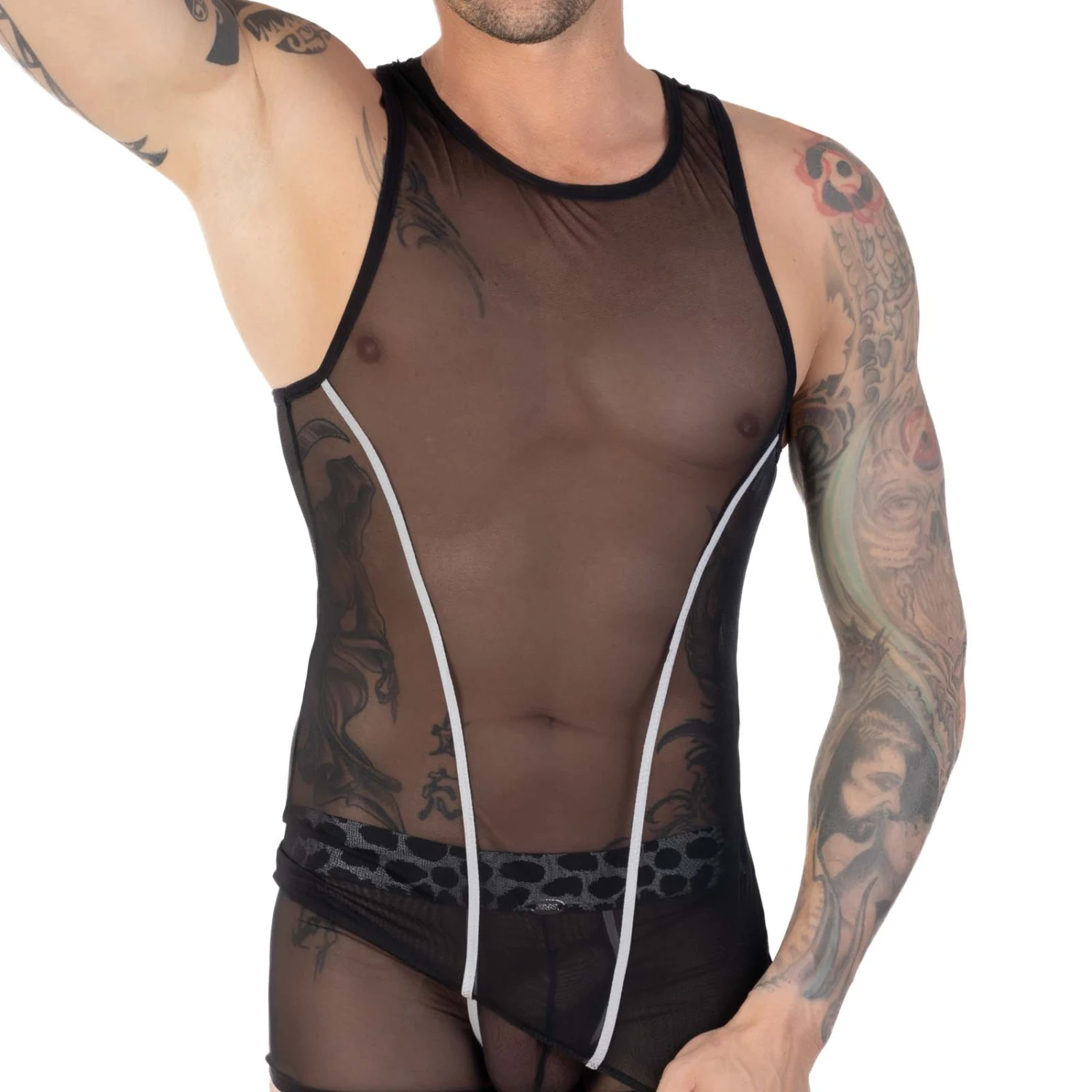 Eros Veneziani 7417 Noir – Débardeur Sexy Transparent avec Bandes Réfléchissantes et Dos Croisé 1 Eros Veneziani 7417 Noir – Débardeur Sexy Transparent avec Bandes Réfléchissantes et Dos Croisé