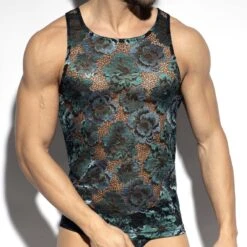 ES Collection Botanic Garden TS349 Noir – Débardeur Homme en Dentelle Florale Transparente