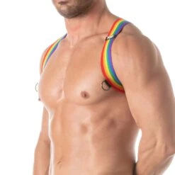 TOF Paris Rainbow Multicolored Microfiber Chest Harness – Clubwear Style TOF386RW 5 TOF Paris Rainbow Multicolored Microfiber Chest Harness – Clubwear Style TOF386RW -Men Attitude Boutique harnais TOF386RW cmod 4