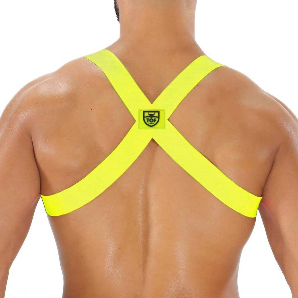 TOF Paris Yellow and Black Striped Elastic Fetish Harness – H0018JF Chest Straps 2 TOF Paris Yellow and Black Striped Elastic Fetish Harness – H0018JF Chest Straps – Image 2