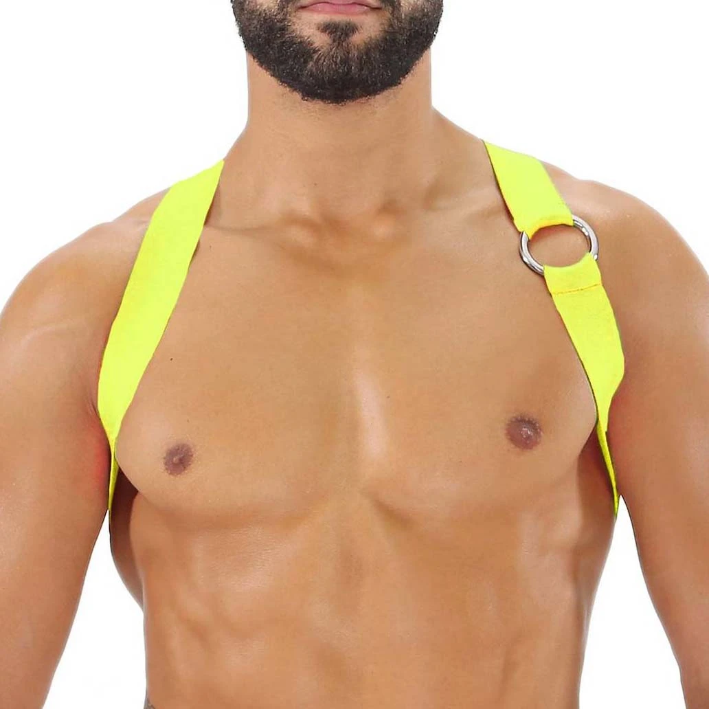TOF Paris Yellow and Black Striped Elastic Fetish Harness – H0018JF Chest Straps 1 TOF Paris Yellow and Black Striped Elastic Fetish Harness – H0018JF Chest Straps