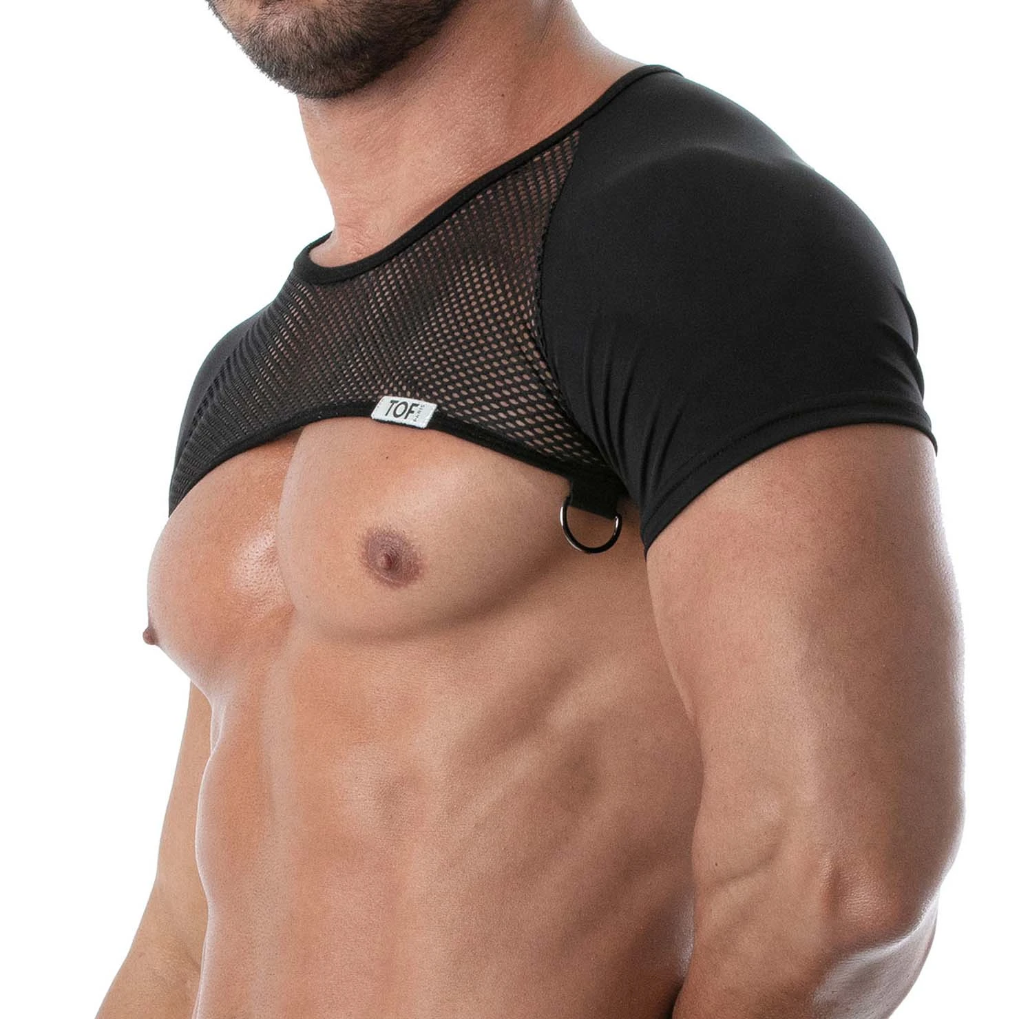 TOF Paris Noir Circuit Mesh – Silver Logo Sleeved Clubwear Harness 4 TOF Paris Noir Circuit Mesh – Silver Logo Sleeved Clubwear Harness – Image 4