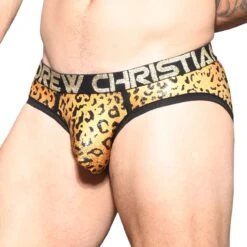 Andrew Christian Glam Leopard Gold Print – Almost Naked Anatomical Men's Brief 91913 -Men Attitude Boutique slip andrew 91913 or 4