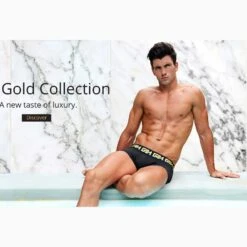 Miami Series Noir & Gold – Logo GM Gold Slip Garçon Performance -Men Attitude Boutique slip garconmodel smia noir a