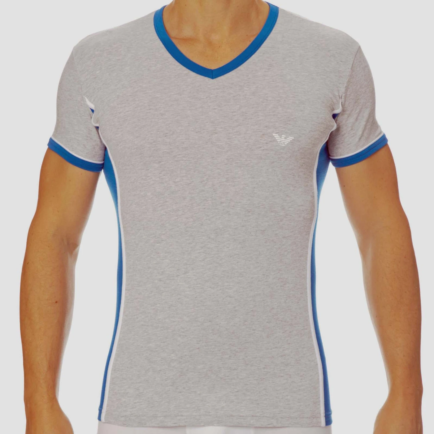 Emporio Armani V-Neck T-Shirt with Contrast Sleeve Trim & Logo Detail 1 Emporio Armani V-Neck T-Shirt with Contrast Sleeve Trim & Logo Detail