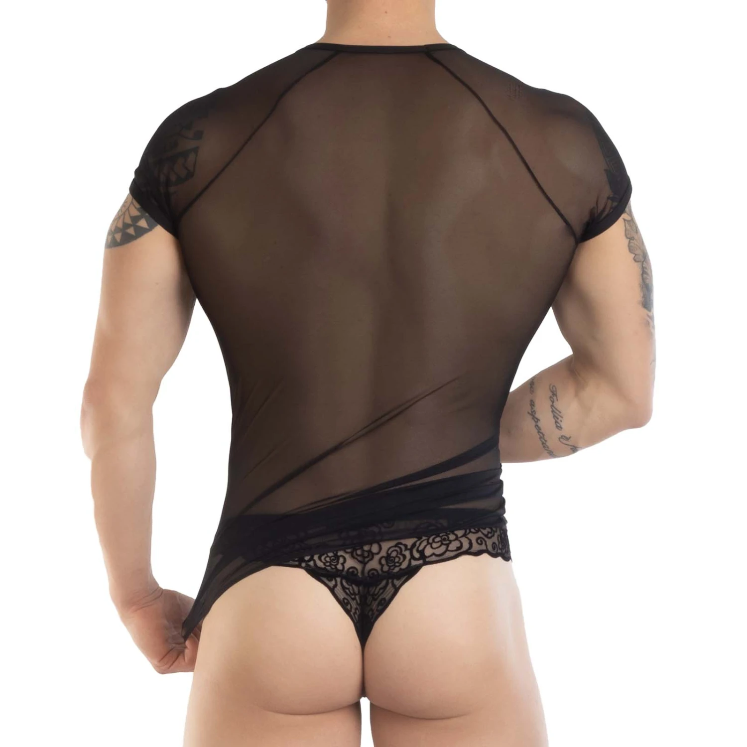 Eros Veneziani 7470 - Black Semi-Transparent T-Shirt with Intricate Lace Hem 3 Eros Veneziani 7470 - Black Semi-Transparent T-Shirt with Intricate Lace Hem â Image 3