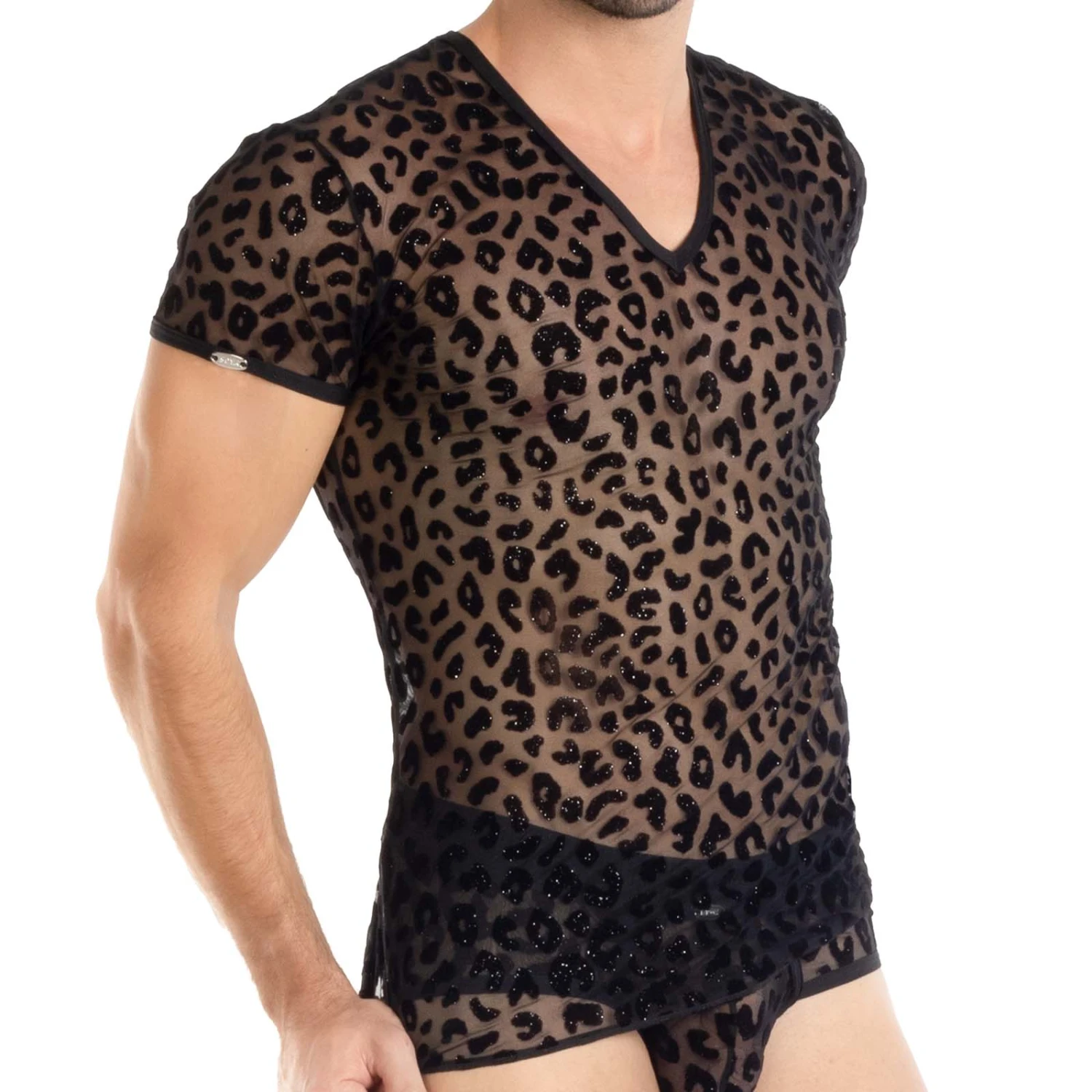 Eros Veneziani 7477 Noir – T-Shirt Transparent à Motifs Léopard Scintillants et Col V 1 Eros Veneziani 7477 Noir – T-Shirt Transparent à Motifs Léopard Scintillants et Col V