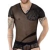 T-Shirt Eros Veneziani 7487 Noir – Top Homme Transparent à Rayures et Col V Sexy