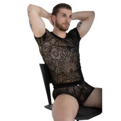 Eros Veneziani 7495 Transparent Tattoo Print T-Shirt – Sexy V-Neck Mesh Clubwear -Men Attitude Boutique tshirt eros 7495 noir a