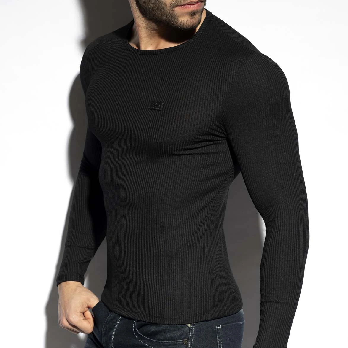 ES Collection Black Recycled Rib T-Shirt TS325 – Slim Fit Body-Hugging Crew Neck 4 ES Collection Black Recycled Rib T-Shirt TS325 – Slim Fit Body-Hugging Crew Neck – Image 4