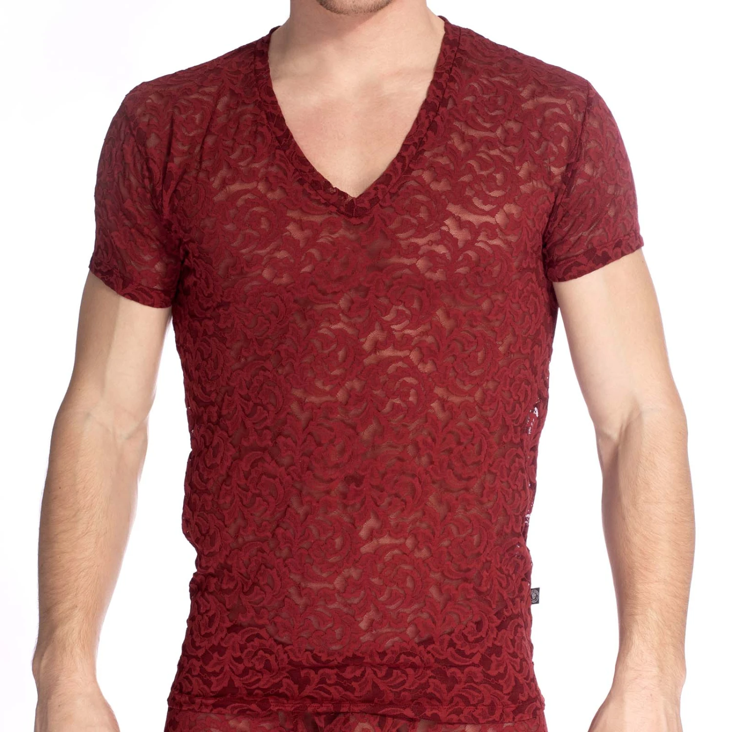 L'Homme Invisible Delos MY73DEL - T-Shirt Col V en Dentelle Fleurie Transparente pour Homme 1 L'Homme Invisible Delos MY73DEL - T-Shirt Col V en Dentelle Fleurie Transparente pour Homme