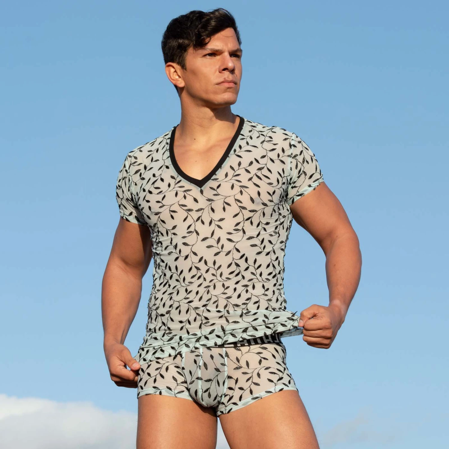 T-Shirt L'Homme Invisible Olivier MY73IVY – Transparent à Motifs Feuilles d'Olivier Col V 2 T-Shirt L'Homme Invisible Olivier MY73IVY – Transparent à Motifs Feuilles d'Olivier Col V – Image 2