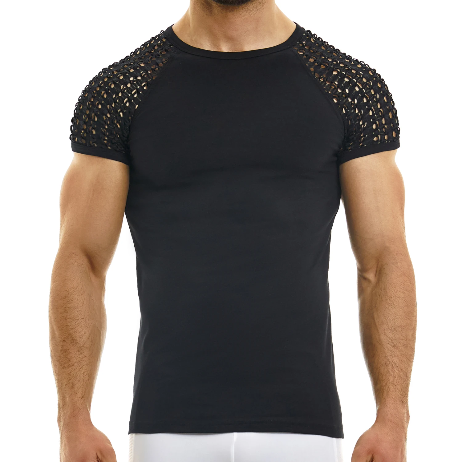 Modus Vivendi Hole T-Shirt 02341 – Black Crochet-Style Perforated Mesh Tee 1 Modus Vivendi Hole T-Shirt 02341 – Black Crochet-Style Perforated Mesh Tee